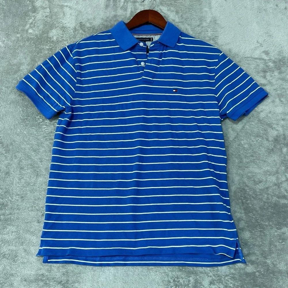 Tommy Hilfiger Polo Shirt Men's M Blue Cotton Blend Striped Classic Fit